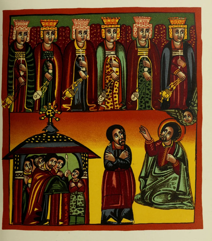 An illustration from The lives of Maba Seyon and Gabra Krestos : the Ethiopic texts / edited with an English translation and a chapter on the illustrations of Ethiopic mss. by E.A. Wallis Budge., 1898, leaf 339