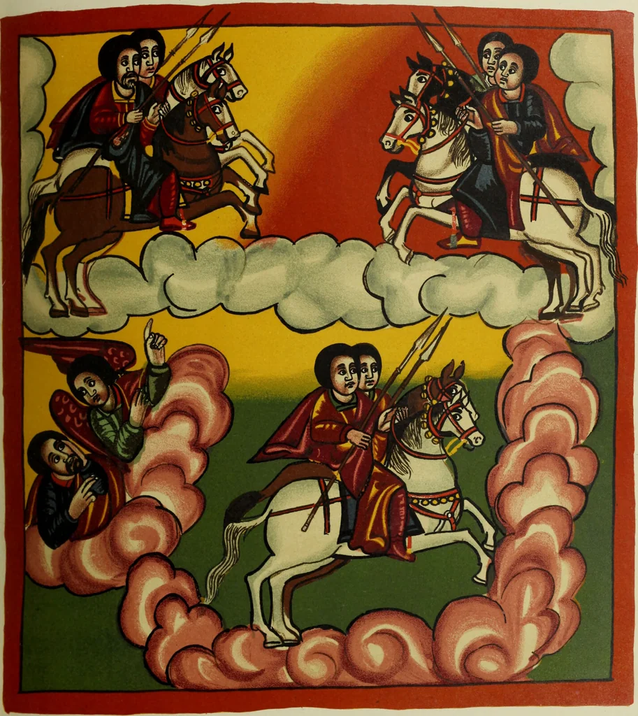 An illustration from The lives of Maba Seyon and Gabra Krestos : the Ethiopic texts / edited with an English translation and a chapter on the illustrations of Ethiopic mss. by E.A. Wallis Budge., 1898, leaf 363