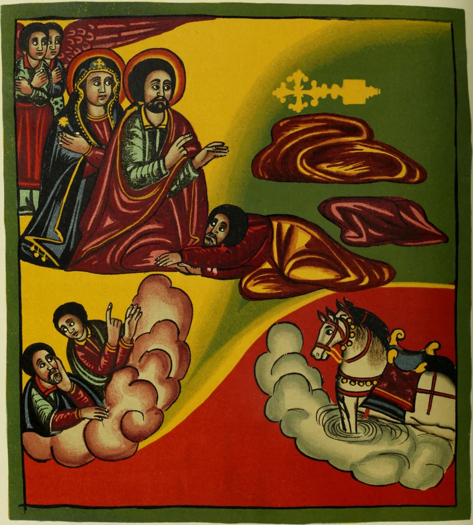 An illustration from The lives of Maba Seyon and Gabra Krestos : the Ethiopic texts / edited with an English translation and a chapter on the illustrations of Ethiopic mss. by E.A. Wallis Budge., 1898, leaf 366