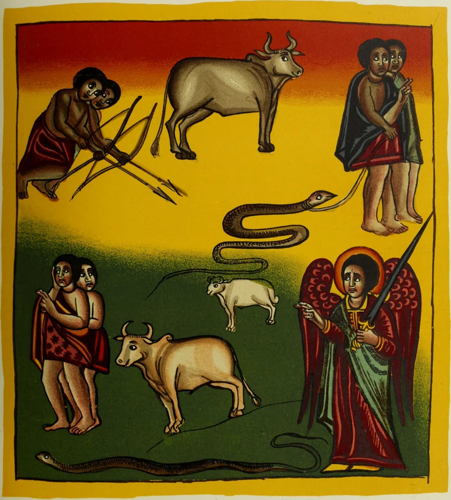 An illustration from The lives of Maba Seyon and Gabra Krestos : the Ethiopic texts / edited with an English translation and a chapter on the illustrations of Ethiopic mss. by E.A. Wallis Budge., 1898, leaf 369