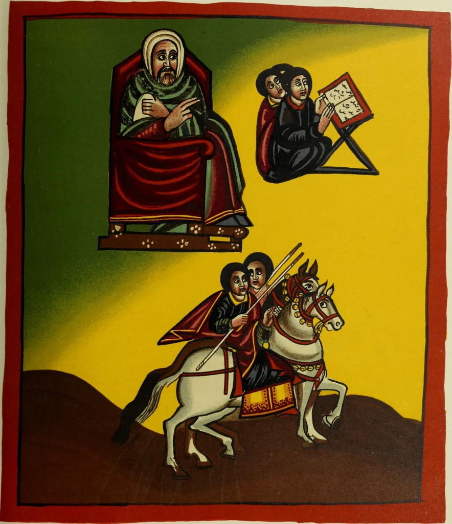 An illustration from The lives of Maba Seyon and Gabra Krestos : the Ethiopic texts / edited with an English translation and a chapter on the illustrations of Ethiopic mss. by E.A. Wallis Budge., 1898, leaf 421