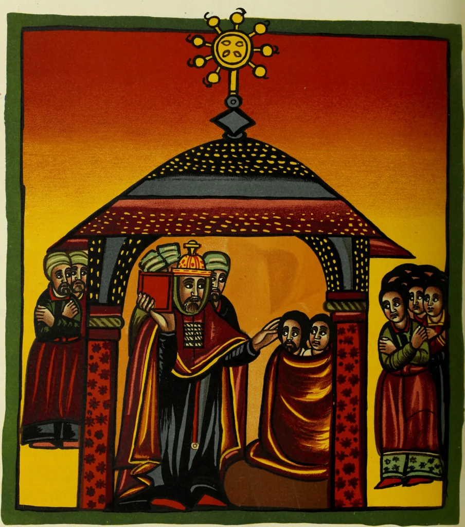 An illustration from The lives of Maba Seyon and Gabra Krestos : the Ethiopic texts / edited with an English translation and a chapter on the illustrations of Ethiopic mss. by E.A. Wallis Budge., 1898, leaf 424