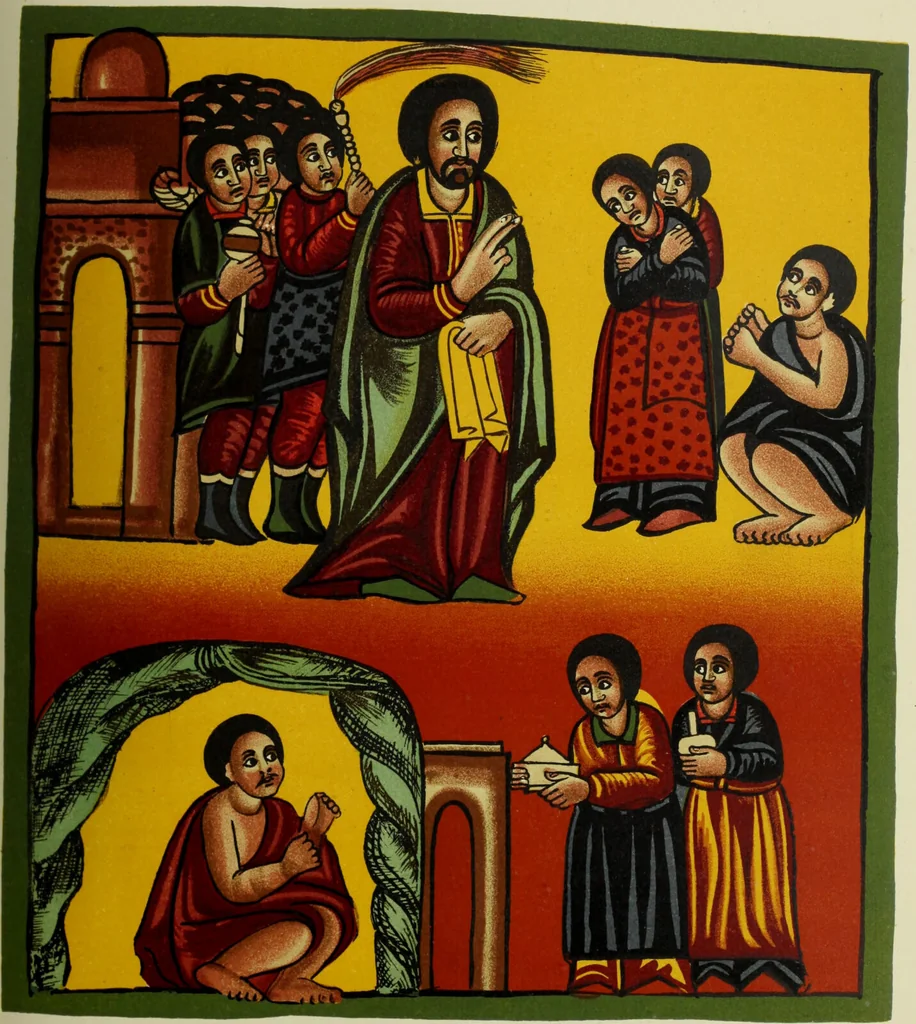 An illustration from The lives of Maba Seyon and Gabra Krestos : the Ethiopic texts / edited with an English translation and a chapter on the illustrations of Ethiopic mss. by E.A. Wallis Budge., 1898, leaf 477
