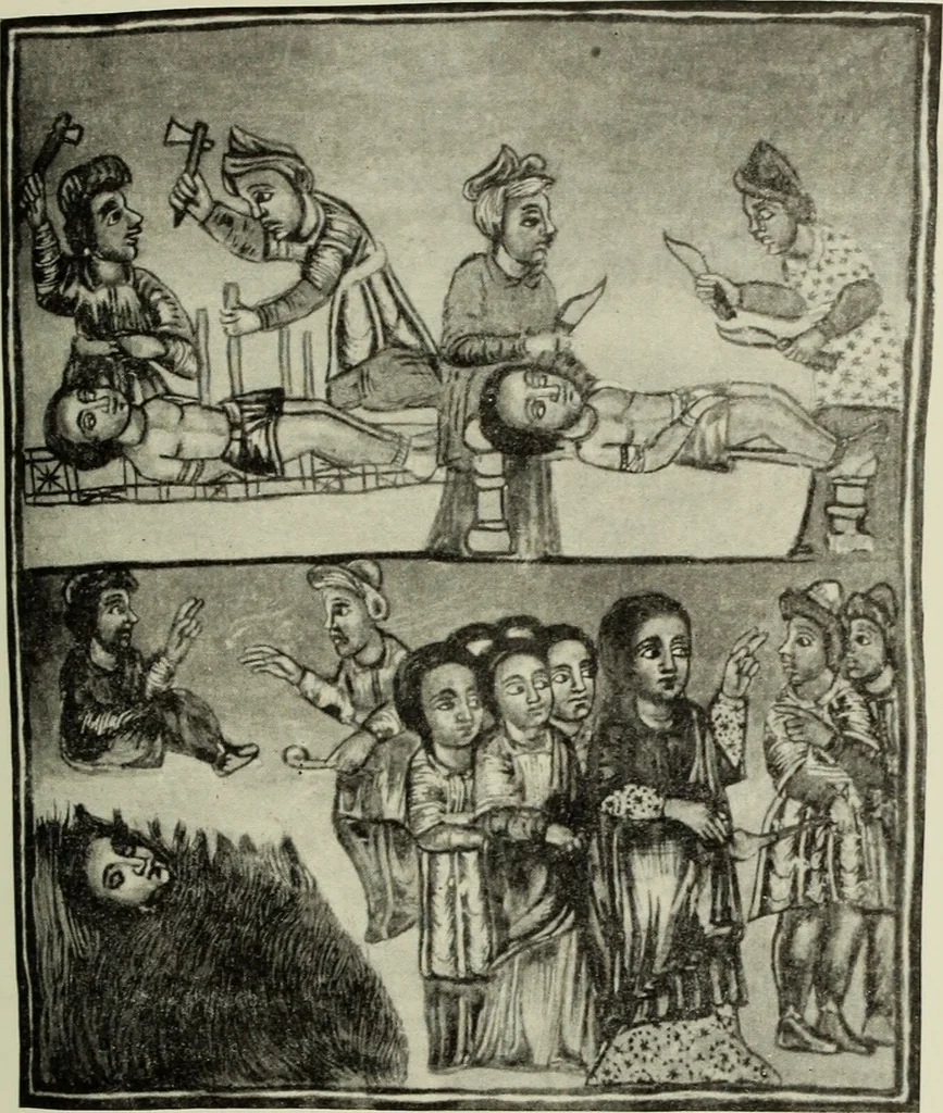 An illustration from The lives of Maba Seyon and Gabra Krestos : the Ethiopic texts / edited with an English translation and a chapter on the illustrations of Ethiopic mss. by E.A. Wallis Budge., 1898, leaf 51