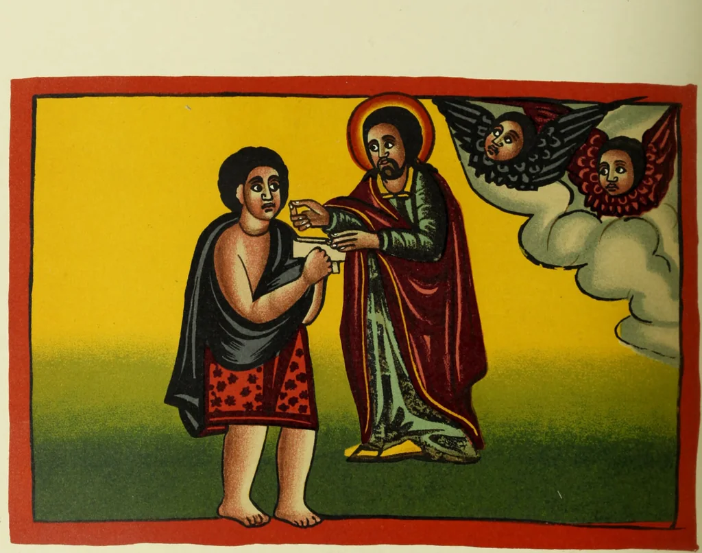 An illustration from The lives of Maba Seyon and Gabra Krestos : the Ethiopic texts / edited with an English translation and a chapter on the illustrations of Ethiopic mss. by E.A. Wallis Budge., 1898, leaf 526