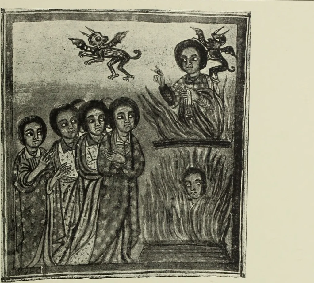 An illustration from The lives of Maba Seyon and Gabra Krestos : the Ethiopic texts / edited with an English translation and a chapter on the illustrations of Ethiopic mss. by E.A. Wallis Budge., 1898, leaf 57