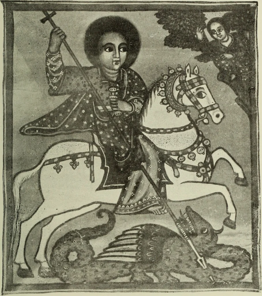 An illustration from The lives of Maba Seyon and Gabra Krestos : the Ethiopic texts / edited with an English translation and a chapter on the illustrations of Ethiopic mss. by E.A. Wallis Budge., 1898, leaf 61