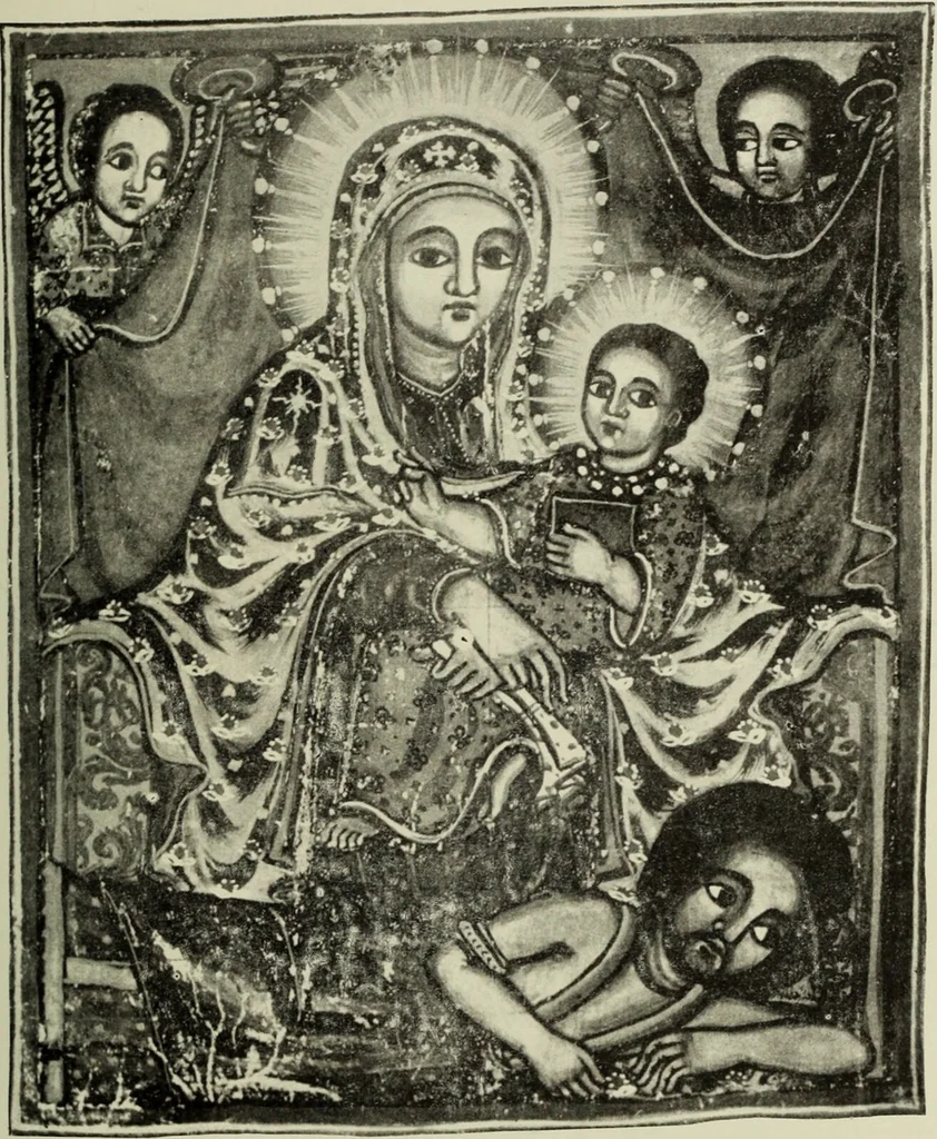 An illustration from The lives of Maba Seyon and Gabra Krestos : the Ethiopic texts / edited with an English translation and a chapter on the illustrations of Ethiopic mss. by E.A. Wallis Budge., 1898, leaf 63