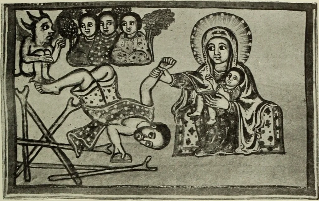 An illustration from The lives of Maba Seyon and Gabra Krestos : the Ethiopic texts / edited with an English translation and a chapter on the illustrations of Ethiopic mss. by E.A. Wallis Budge., 1898, leaf 65