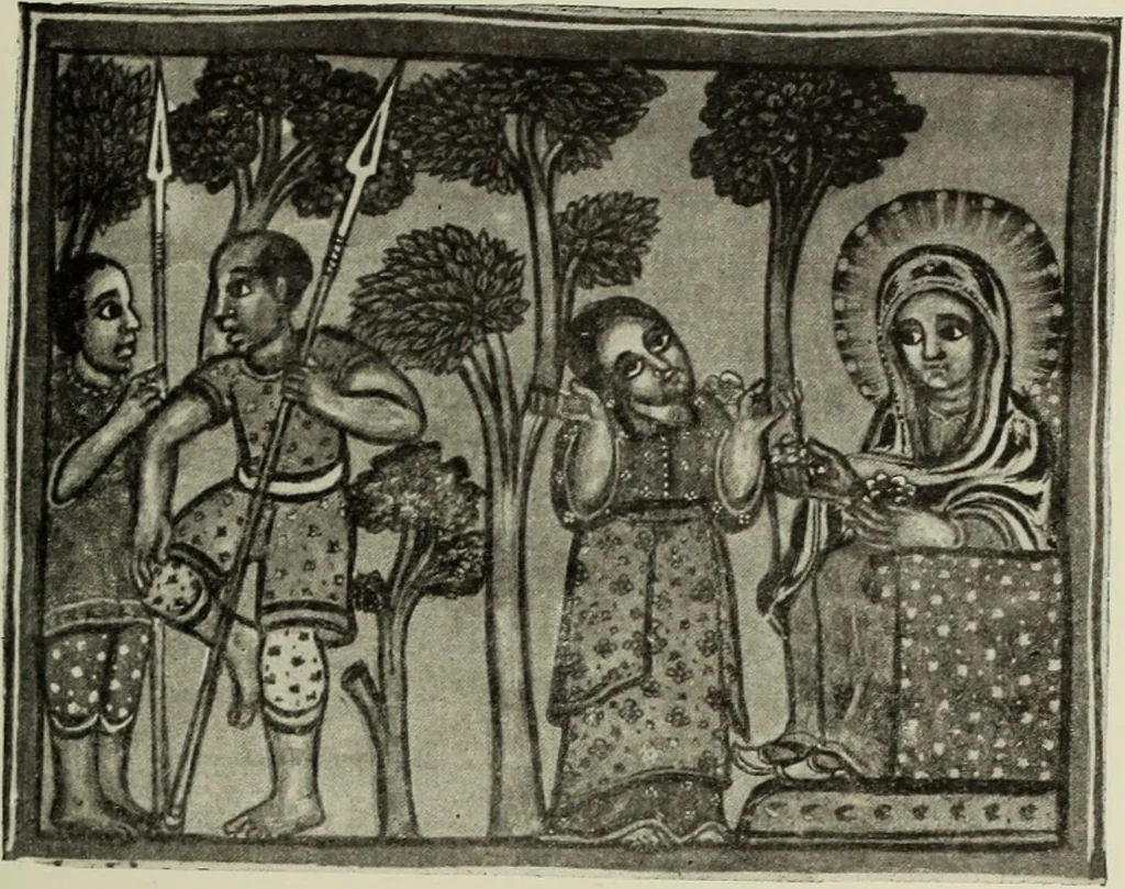 An illustration from The lives of Maba Seyon and Gabra Krestos : the Ethiopic texts / edited with an English translation and a chapter on the illustrations of Ethiopic mss. by E.A. Wallis Budge., 1898, leaf 69