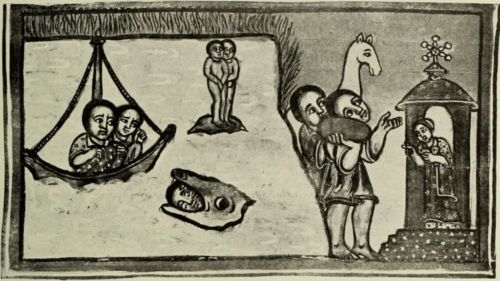 An illustration from The lives of Maba Seyon and Gabra Krestos : the Ethiopic texts / edited with an English translation and a chapter on the illustrations of Ethiopic mss. by E.A. Wallis Budge., 1898, leaf 71
