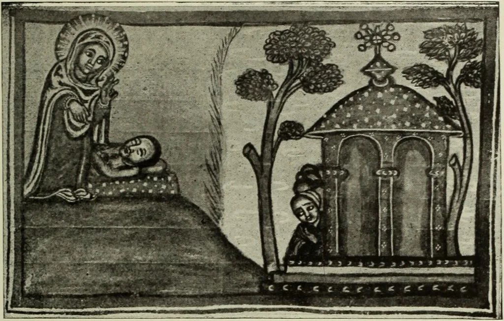 An illustration from The lives of Maba Seyon and Gabra Krestos : the Ethiopic texts / edited with an English translation and a chapter on the illustrations of Ethiopic mss. by E.A. Wallis Budge., 1898, leaf 73