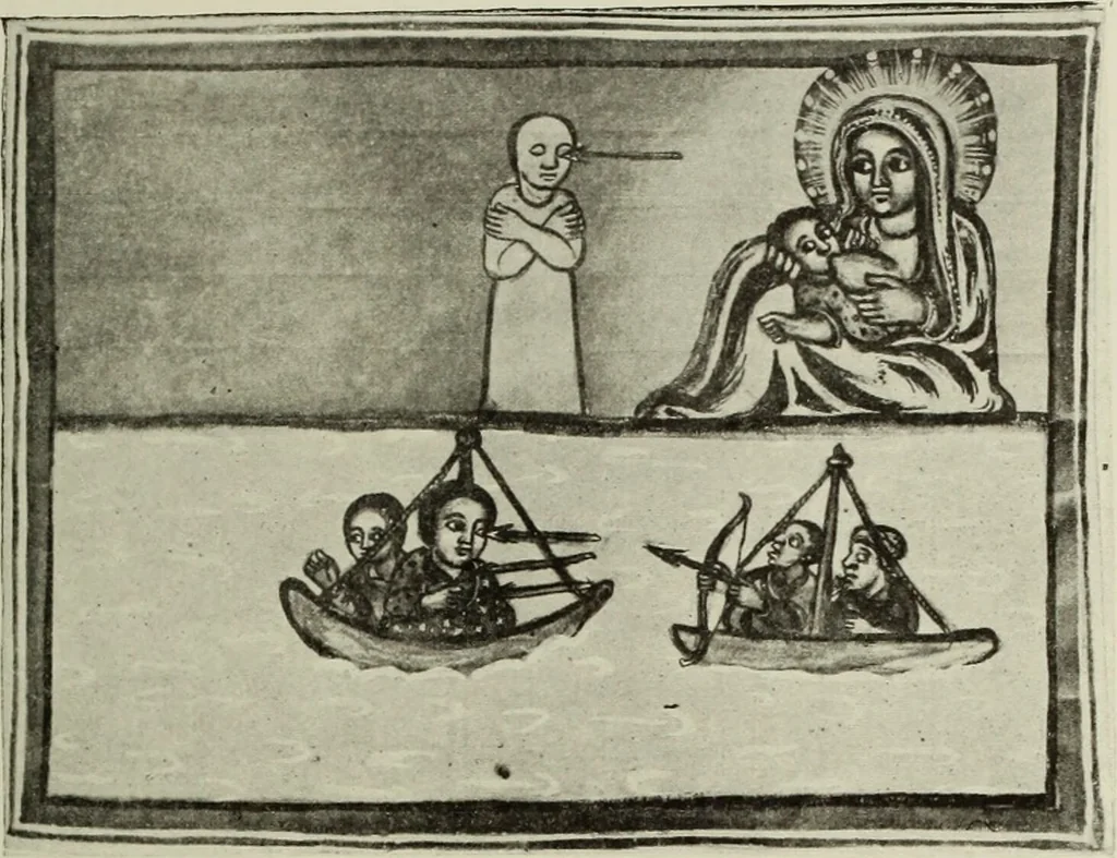 An illustration from The lives of Maba Seyon and Gabra Krestos : the Ethiopic texts / edited with an English translation and a chapter on the illustrations of Ethiopic mss. by E.A. Wallis Budge., 1898, leaf 75