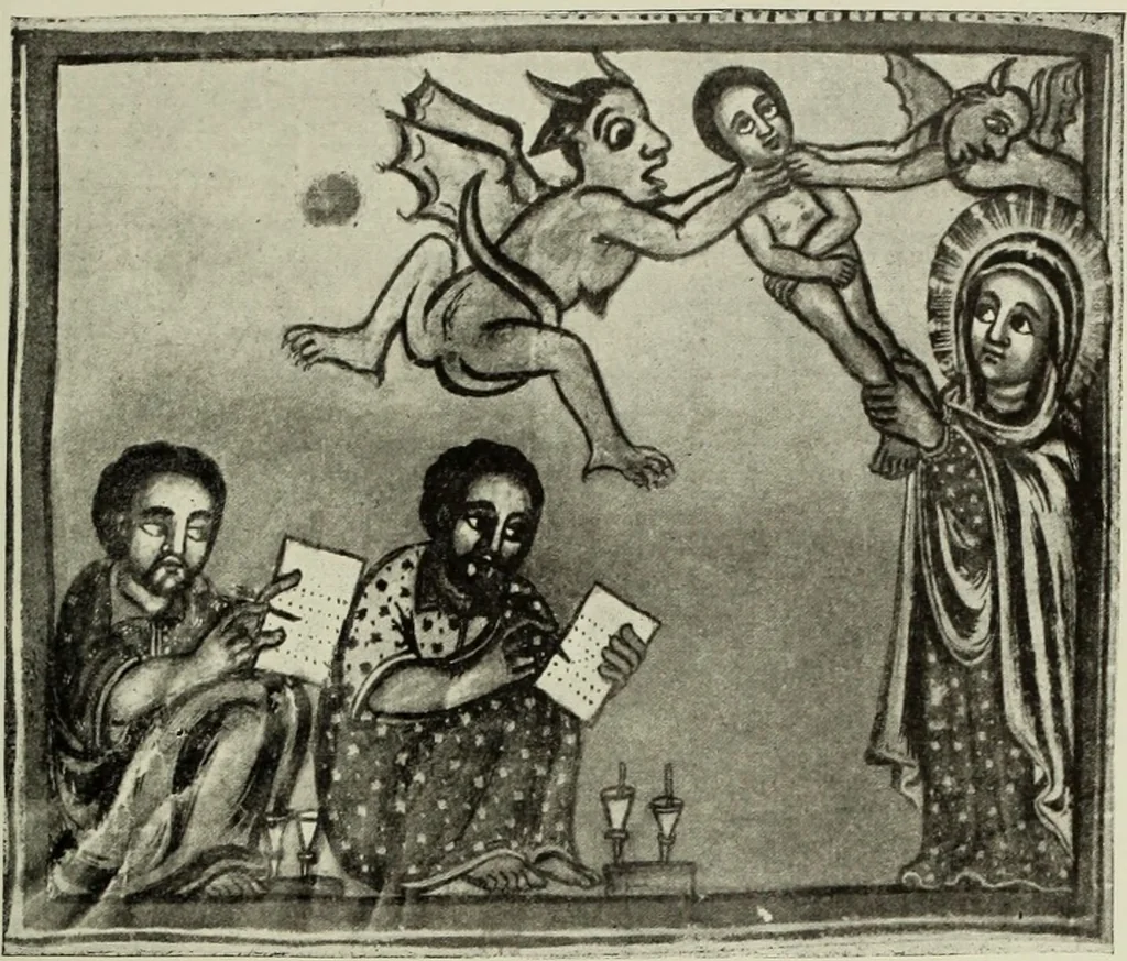 An illustration from The lives of Maba Seyon and Gabra Krestos : the Ethiopic texts / edited with an English translation and a chapter on the illustrations of Ethiopic mss. by E.A. Wallis Budge., 1898, leaf 77