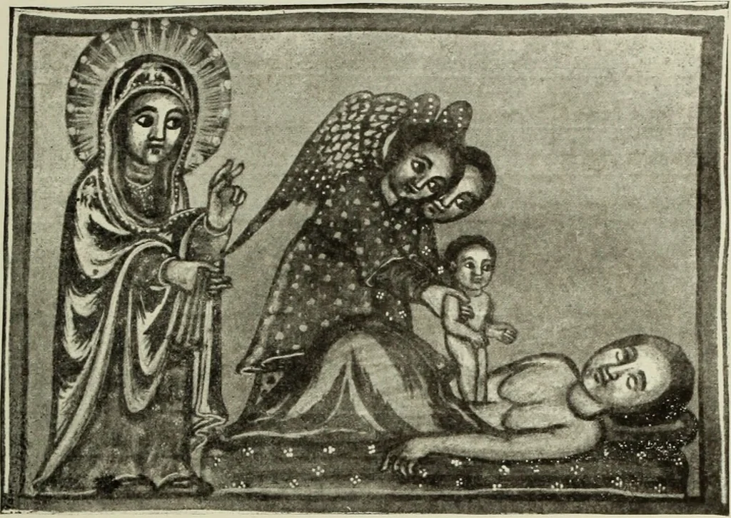 An illustration from The lives of Maba Seyon and Gabra Krestos : the Ethiopic texts / edited with an English translation and a chapter on the illustrations of Ethiopic mss. by E.A. Wallis Budge., 1898, leaf 81