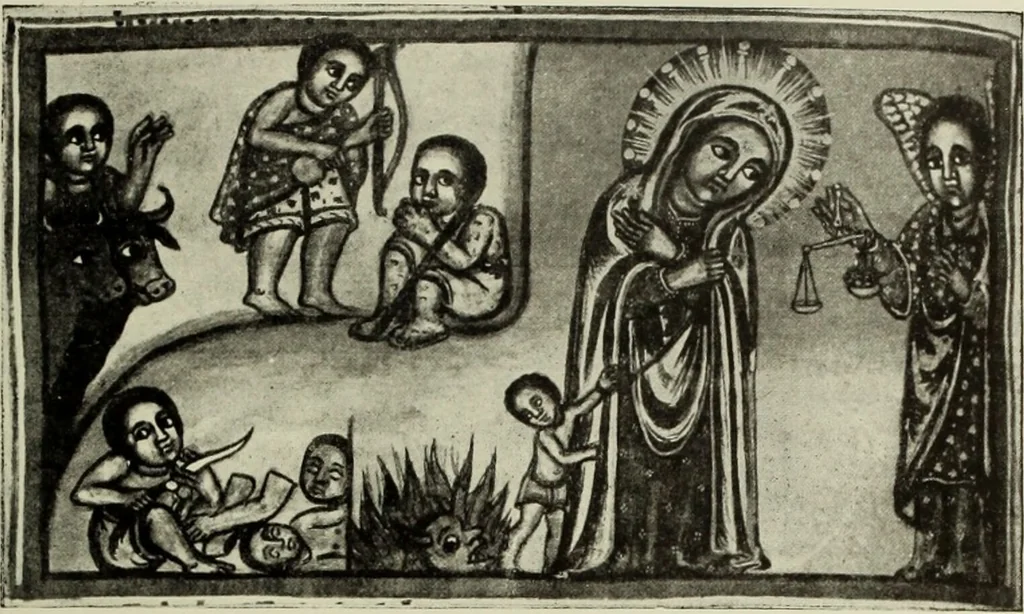 An illustration from The lives of Maba Seyon and Gabra Krestos : the Ethiopic texts / edited with an English translation and a chapter on the illustrations of Ethiopic mss. by E.A. Wallis Budge., 1898, leaf 83