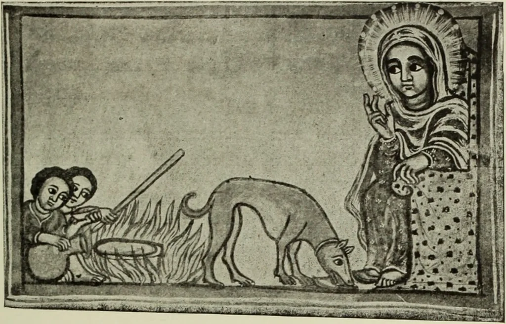 An illustration from The lives of Maba Seyon and Gabra Krestos : the Ethiopic texts / edited with an English translation and a chapter on the illustrations of Ethiopic mss. by E.A. Wallis Budge., 1898, leaf 85