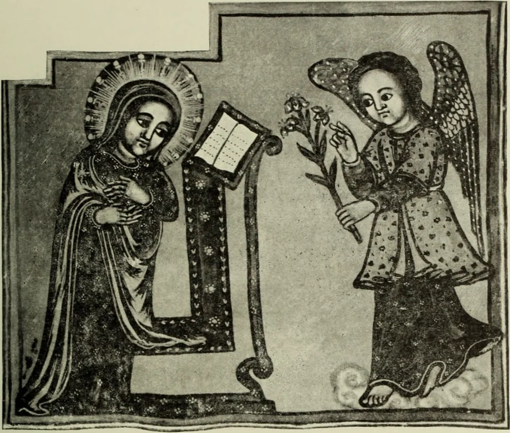 An illustration from The lives of Maba Seyon and Gabra Krestos : the Ethiopic texts / edited with an English translation and a chapter on the illustrations of Ethiopic mss. by E.A. Wallis Budge., 1898, leaf 87