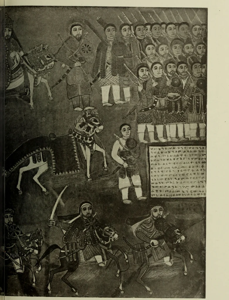 An illustration from The lives of Maba Seyon and Gabra Krestos : the Ethiopic texts / edited with an English translation and a chapter on the illustrations of Ethiopic mss. by E.A. Wallis Budge., 1898, leaf 95