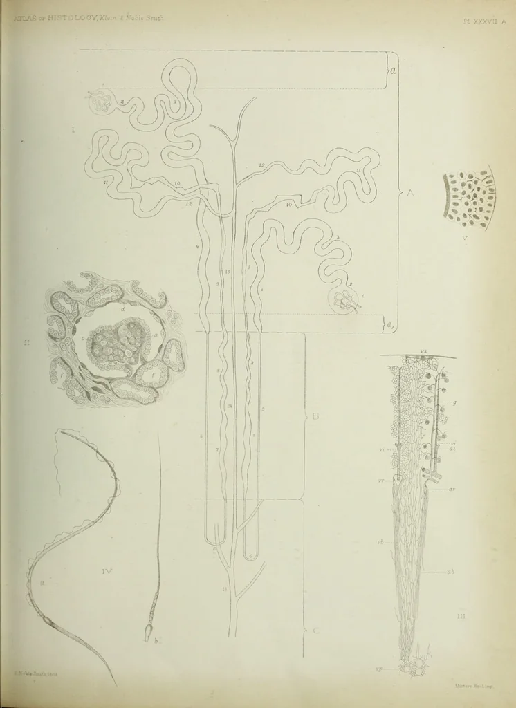 An illustration from Atlas of histology / by E. Klein and E. Noble Smith., 1880, leaf 357