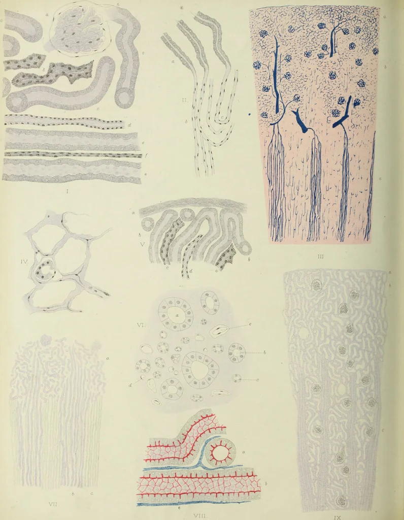 An illustration from Atlas of histology / by E. Klein and E. Noble Smith., 1880, leaf 360