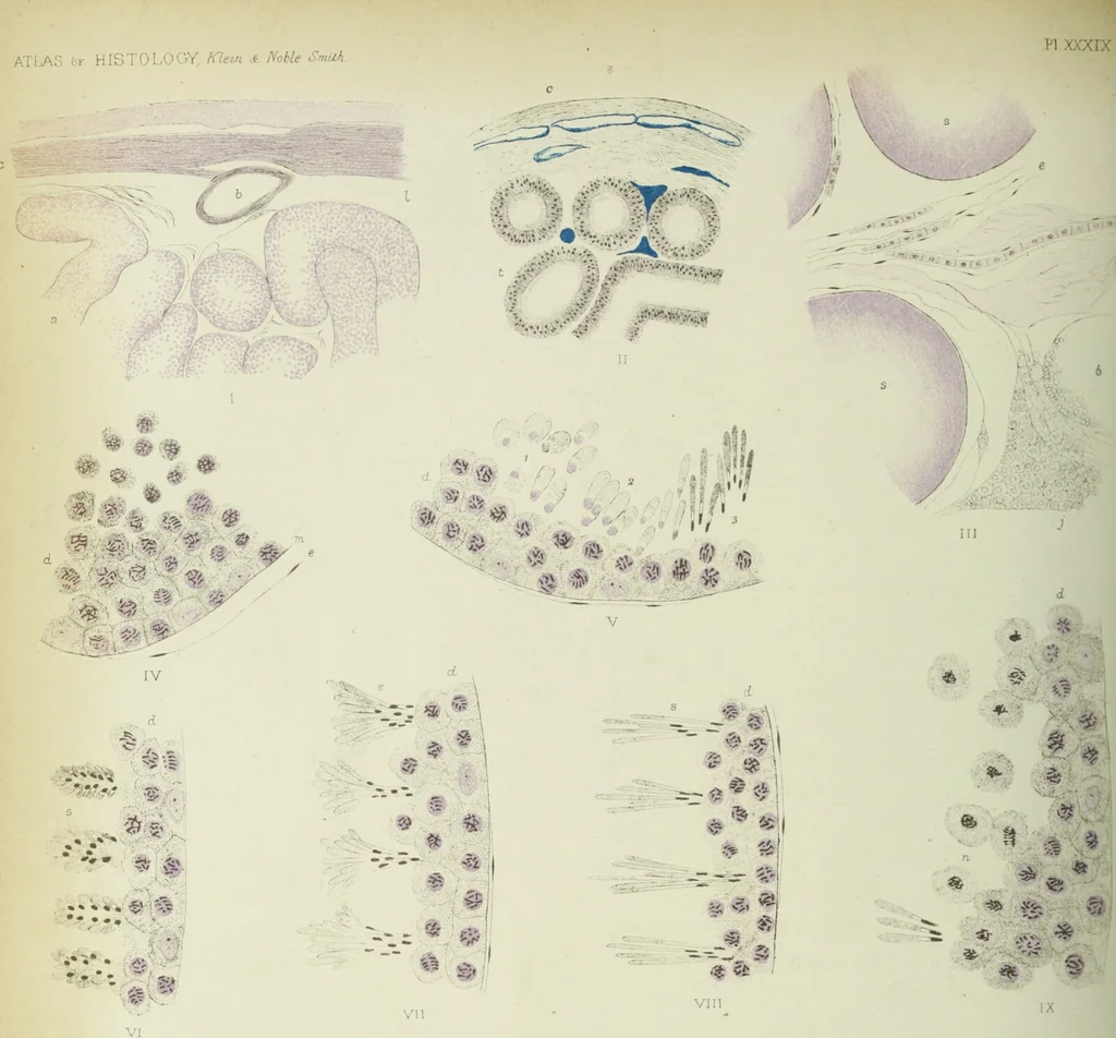 An illustration from Atlas of histology / by E. Klein and E. Noble Smith., 1880, leaf 378