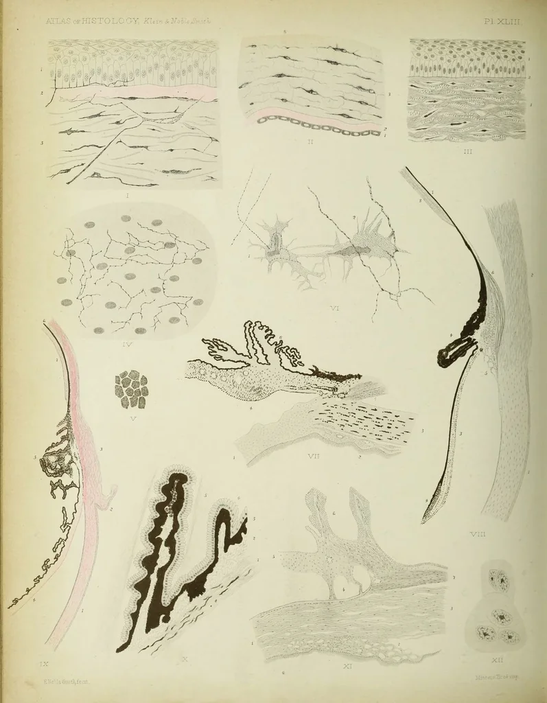 An illustration from Atlas of histology / by E. Klein and E. Noble Smith., 1880, leaf 486