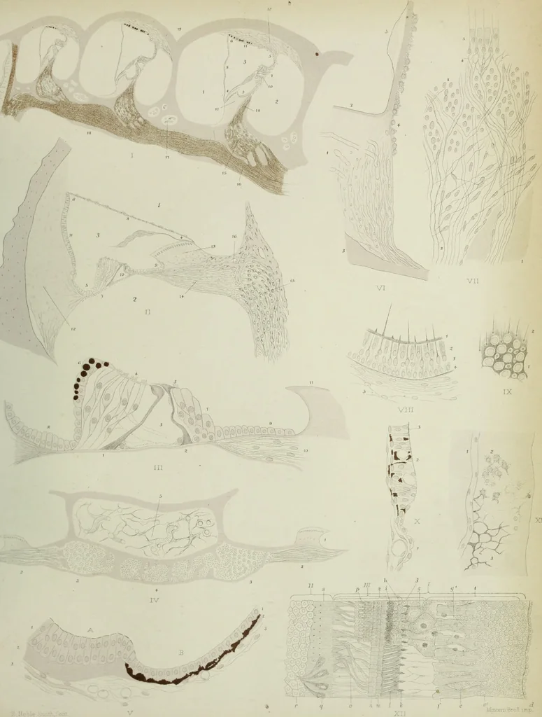 An illustration from Atlas of histology / by E. Klein and E. Noble Smith., 1880, leaf 525
