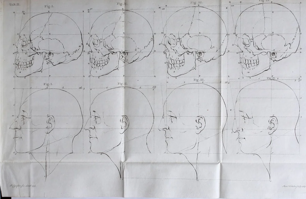 An illustration from Dissertation physique de Mr. Pierre Camper, sur les différences réelles que présentent les traits du visage chez les hommes de différents pays et de différents âges, sur le beau qui caractèrise les statues antiques et les pierres gravées : suivie de la proposition d'une nouvelle méthode pour déssiner toutes sortes de têtes humaines avec la plus grande sûreté / publiée après le décès de l'auteur par son fils Adrien Gilles Camper ; traduite du hollandois par Denis Bernard Quatremere d'Isjonval., 1791, leaf 133