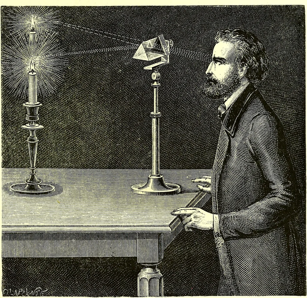 An illustration from Spectrum analysis in its application to terrestrial substances, and the physical constitution of the heavenly bodies / familiarly explained by H. Schellen ; translated from the second enlarged and revised German edition by Jane and Caroline Lassell ; edited with notes by William Huggins ; with numerous woodcuts and coloured plates, and Ångström's and Kirchhoff's maps., 1872, leaf 109