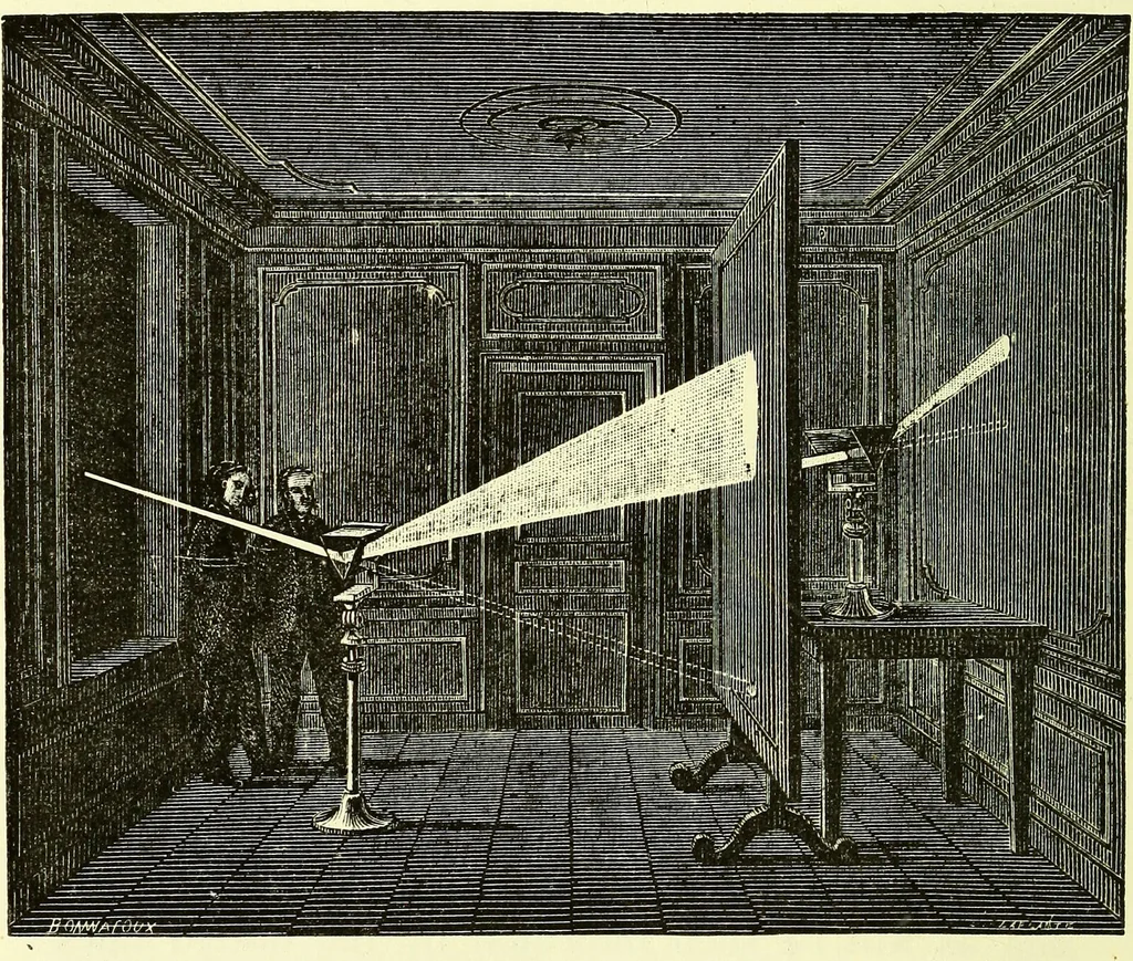 An illustration from Spectrum analysis in its application to terrestrial substances, and the physical constitution of the heavenly bodies / familiarly explained by H. Schellen ; translated from the second enlarged and revised German edition by Jane and Caroline Lassell ; edited with notes by William Huggins ; with numerous woodcuts and coloured plates, and Ångström's and Kirchhoff's maps., 1872, leaf 116