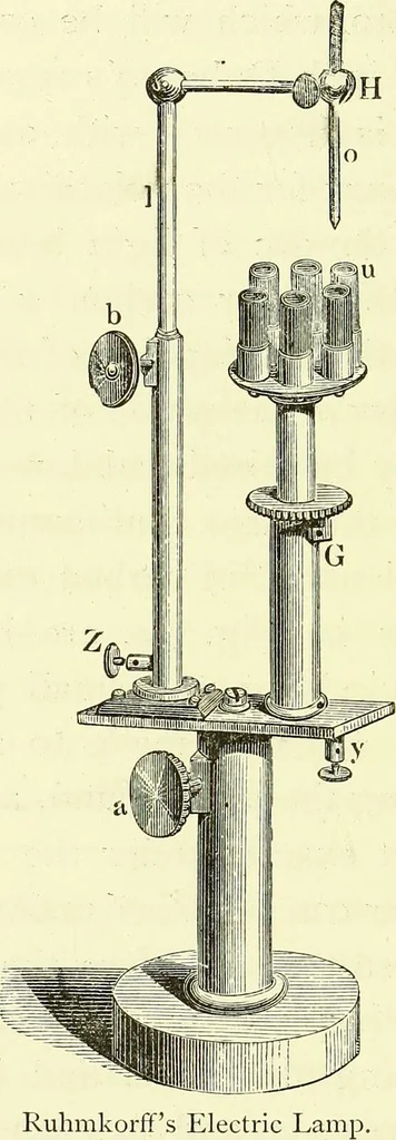 An illustration from Spectrum analysis in its application to terrestrial substances, and the physical constitution of the heavenly bodies / familiarly explained by H. Schellen ; translated from the second enlarged and revised German edition by Jane and Caroline Lassell ; edited with notes by William Huggins ; with numerous woodcuts and coloured plates, and Ångström's and Kirchhoff's maps., 1872, leaf 136
