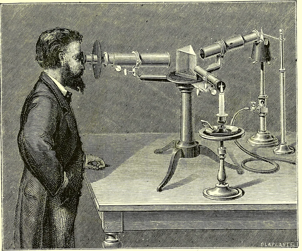 An illustration from Spectrum analysis in its application to terrestrial substances, and the physical constitution of the heavenly bodies / familiarly explained by H. Schellen ; translated from the second enlarged and revised German edition by Jane and Caroline Lassell ; edited with notes by William Huggins ; with numerous woodcuts and coloured plates, and Ångström's and Kirchhoff's maps., 1872, leaf 157
