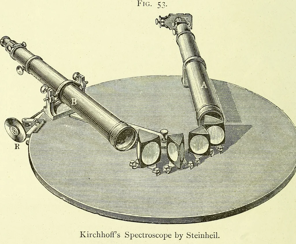 An illustration from Spectrum analysis in its application to terrestrial substances, and the physical constitution of the heavenly bodies / familiarly explained by H. Schellen ; translated from the second enlarged and revised German edition by Jane and Caroline Lassell ; edited with notes by William Huggins ; with numerous woodcuts and coloured plates, and Ångström's and Kirchhoff's maps., 1872, leaf 158