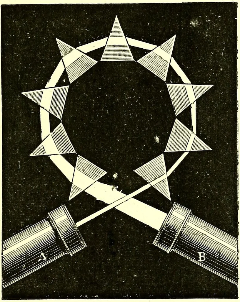 An illustration from Spectrum analysis in its application to terrestrial substances, and the physical constitution of the heavenly bodies / familiarly explained by H. Schellen ; translated from the second enlarged and revised German edition by Jane and Caroline Lassell ; edited with notes by William Huggins ; with numerous woodcuts and coloured plates, and Ångström's and Kirchhoff's maps., 1872, leaf 161