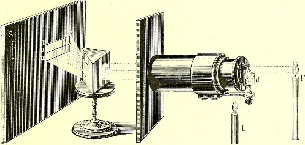 An illustration from Spectrum analysis in its application to terrestrial substances, and the physical constitution of the heavenly bodies / familiarly explained by H. Schellen ; translated from the second enlarged and revised German edition by Jane and Caroline Lassell ; edited with notes by William Huggins ; with numerous woodcuts and coloured plates, and Ångström's and Kirchhoff's maps., 1872, leaf 171