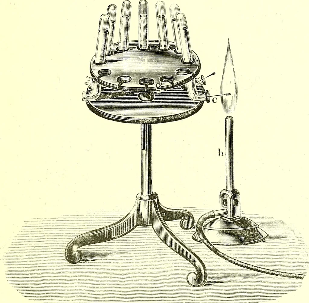 An illustration from Spectrum analysis in its application to terrestrial substances, and the physical constitution of the heavenly bodies / familiarly explained by H. Schellen ; translated from the second enlarged and revised German edition by Jane and Caroline Lassell ; edited with notes by William Huggins ; with numerous woodcuts and coloured plates, and Ångström's and Kirchhoff's maps., 1872, leaf 181