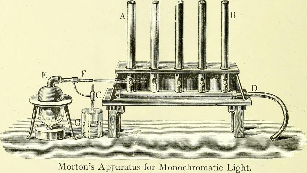 An illustration from Spectrum analysis in its application to terrestrial substances, and the physical constitution of the heavenly bodies / familiarly explained by H. Schellen ; translated from the second enlarged and revised German edition by Jane and Caroline Lassell ; edited with notes by William Huggins ; with numerous woodcuts and coloured plates, and Ångström's and Kirchhoff's maps., 1872, leaf 182