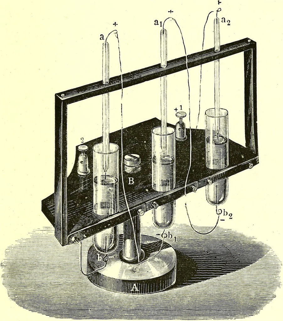 An illustration from Spectrum analysis in its application to terrestrial substances, and the physical constitution of the heavenly bodies / familiarly explained by H. Schellen ; translated from the second enlarged and revised German edition by Jane and Caroline Lassell ; edited with notes by William Huggins ; with numerous woodcuts and coloured plates, and Ångström's and Kirchhoff's maps., 1872, leaf 187