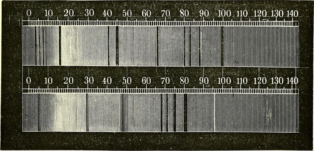 An illustration from Spectrum analysis in its application to terrestrial substances, and the physical constitution of the heavenly bodies / familiarly explained by H. Schellen ; translated from the second enlarged and revised German edition by Jane and Caroline Lassell ; edited with notes by William Huggins ; with numerous woodcuts and coloured plates, and Ångström's and Kirchhoff's maps., 1872, leaf 227