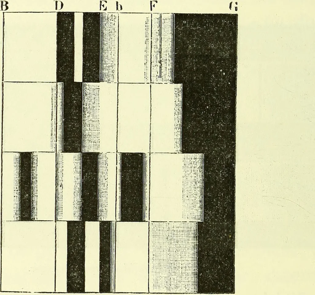 An illustration from Spectrum analysis in its application to terrestrial substances, and the physical constitution of the heavenly bodies / familiarly explained by H. Schellen ; translated from the second enlarged and revised German edition by Jane and Caroline Lassell ; edited with notes by William Huggins ; with numerous woodcuts and coloured plates, and Ångström's and Kirchhoff's maps., 1872, leaf 228