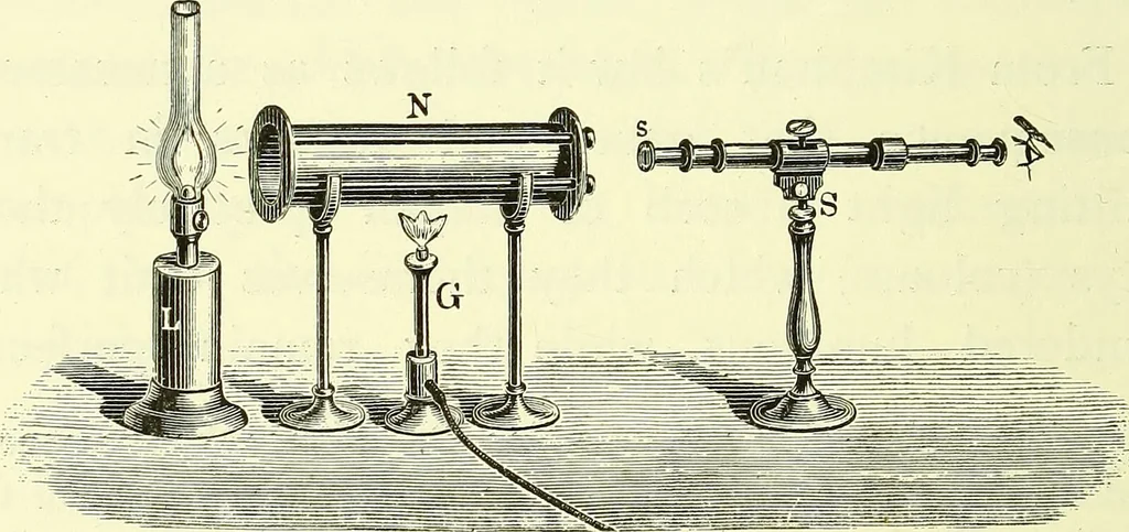 An illustration from Spectrum analysis in its application to terrestrial substances, and the physical constitution of the heavenly bodies / familiarly explained by H. Schellen ; translated from the second enlarged and revised German edition by Jane and Caroline Lassell ; edited with notes by William Huggins ; with numerous woodcuts and coloured plates, and Ångström's and Kirchhoff's maps., 1872, leaf 236