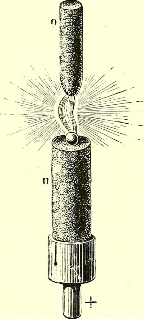 An illustration from Spectrum analysis in its application to terrestrial substances, and the physical constitution of the heavenly bodies / familiarly explained by H. Schellen ; translated from the second enlarged and revised German edition by Jane and Caroline Lassell ; edited with notes by William Huggins ; with numerous woodcuts and coloured plates, and Ångström's and Kirchhoff's maps., 1872, leaf 243
