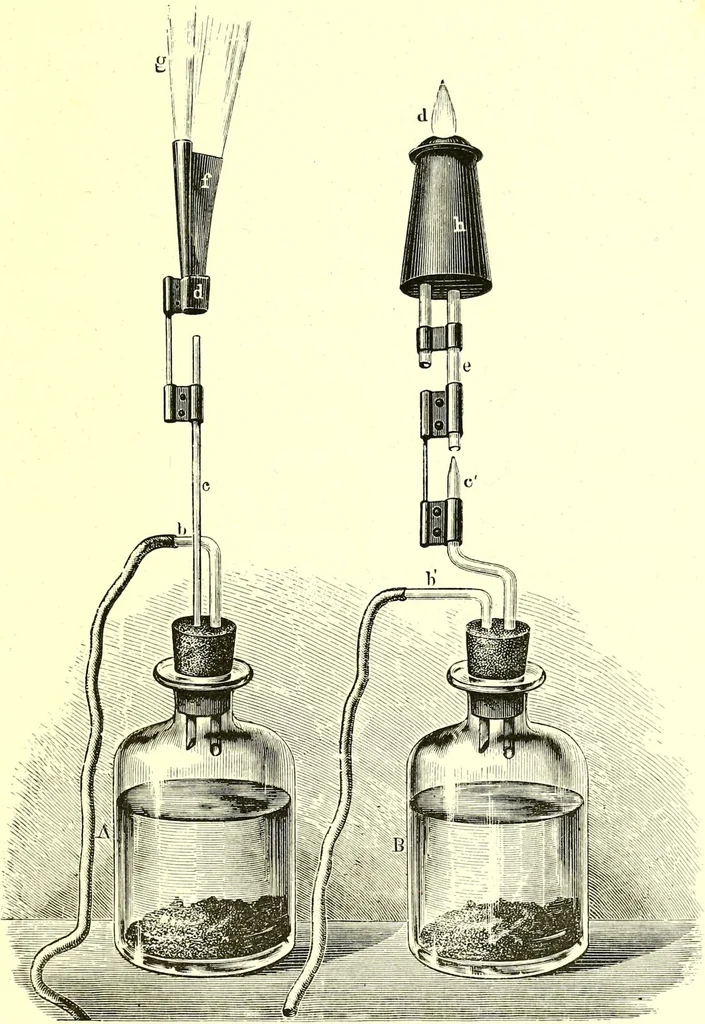 An illustration from Spectrum analysis in its application to terrestrial substances, and the physical constitution of the heavenly bodies / familiarly explained by H. Schellen ; translated from the second enlarged and revised German edition by Jane and Caroline Lassell ; edited with notes by William Huggins ; with numerous woodcuts and coloured plates, and Ångström's and Kirchhoff's maps., 1872, leaf 245