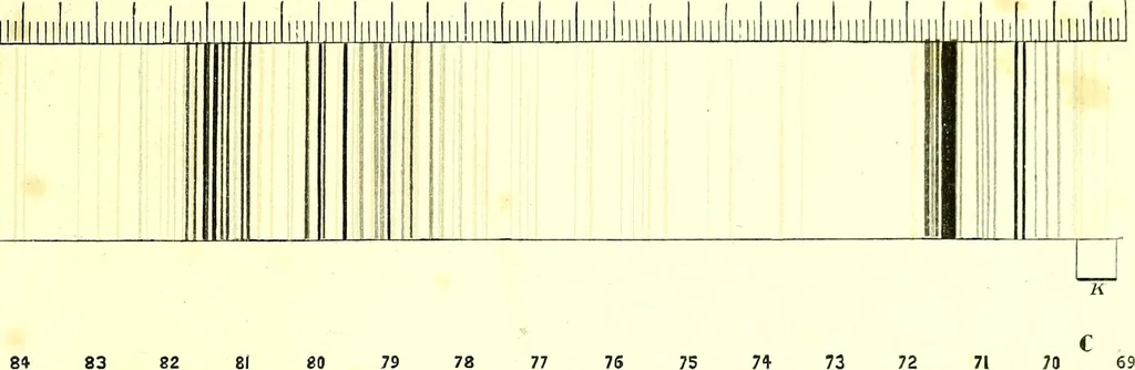 An illustration from Spectrum analysis in its application to terrestrial substances, and the physical constitution of the heavenly bodies / familiarly explained by H. Schellen ; translated from the second enlarged and revised German edition by Jane and Caroline Lassell ; edited with notes by William Huggins ; with numerous woodcuts and coloured plates, and Ångström's and Kirchhoff's maps., 1872, leaf 269