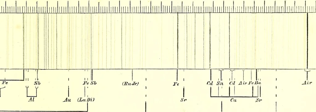 An illustration from Spectrum analysis in its application to terrestrial substances, and the physical constitution of the heavenly bodies / familiarly explained by H. Schellen ; translated from the second enlarged and revised German edition by Jane and Caroline Lassell ; edited with notes by William Huggins ; with numerous woodcuts and coloured plates, and Ångström's and Kirchhoff's maps., 1872, leaf 269