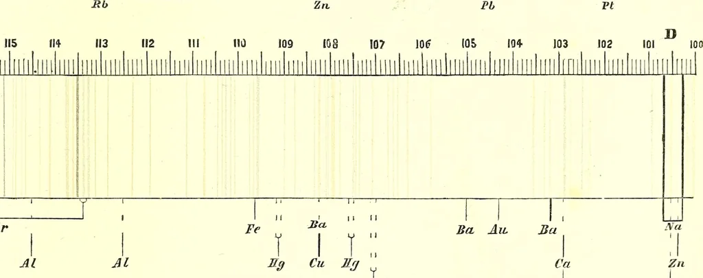 An illustration from Spectrum analysis in its application to terrestrial substances, and the physical constitution of the heavenly bodies / familiarly explained by H. Schellen ; translated from the second enlarged and revised German edition by Jane and Caroline Lassell ; edited with notes by William Huggins ; with numerous woodcuts and coloured plates, and Ångström's and Kirchhoff's maps., 1872, leaf 269