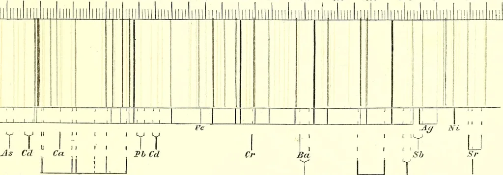 An illustration from Spectrum analysis in its application to terrestrial substances, and the physical constitution of the heavenly bodies / familiarly explained by H. Schellen ; translated from the second enlarged and revised German edition by Jane and Caroline Lassell ; edited with notes by William Huggins ; with numerous woodcuts and coloured plates, and Ångström's and Kirchhoff's maps., 1872, leaf 269