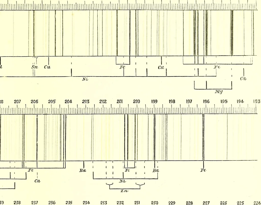 An illustration from Spectrum analysis in its application to terrestrial substances, and the physical constitution of the heavenly bodies / familiarly explained by H. Schellen ; translated from the second enlarged and revised German edition by Jane and Caroline Lassell ; edited with notes by William Huggins ; with numerous woodcuts and coloured plates, and Ångström's and Kirchhoff's maps., 1872, leaf 273