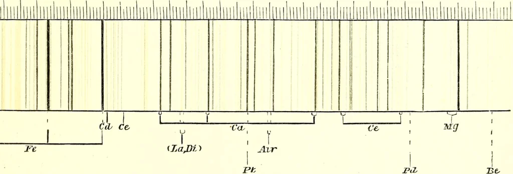 An illustration from Spectrum analysis in its application to terrestrial substances, and the physical constitution of the heavenly bodies / familiarly explained by H. Schellen ; translated from the second enlarged and revised German edition by Jane and Caroline Lassell ; edited with notes by William Huggins ; with numerous woodcuts and coloured plates, and Ångström's and Kirchhoff's maps., 1872, leaf 273